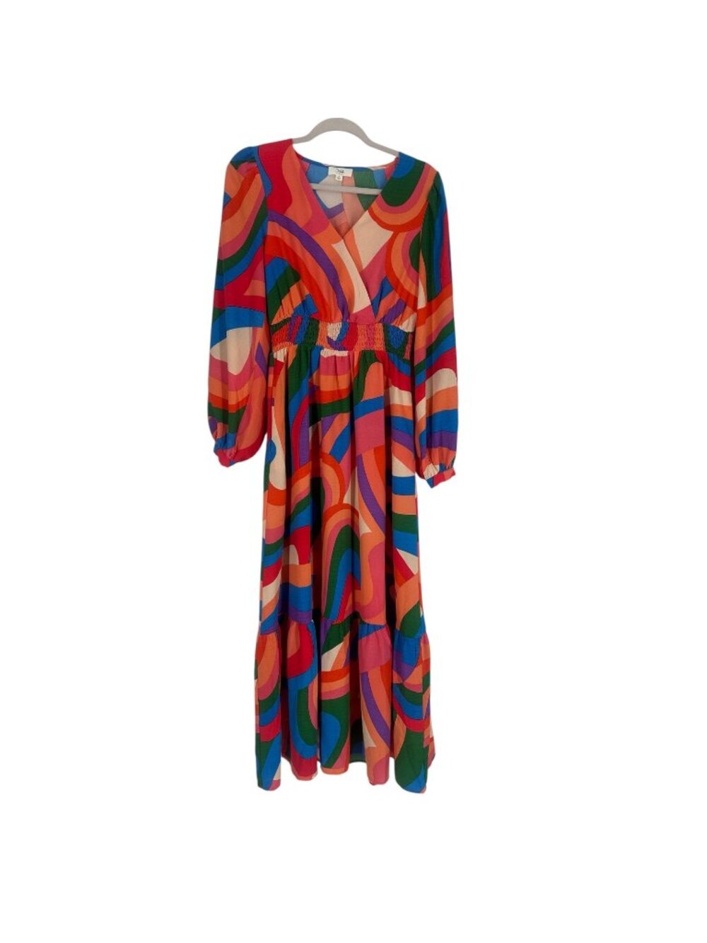 Oddi Los Angeles Boho Abstract Rainbow Maxi Dress Small Smocked V Neck